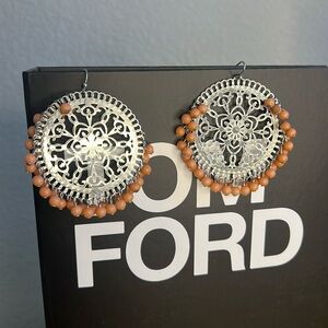 Peach Silver Circular Beaded Dangle Earrings
